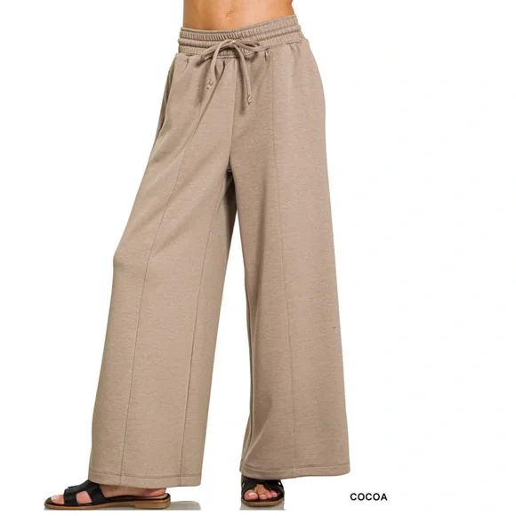 Zenana Scuba Drawstring Ash Cocoa Wide-Leg Pants - Picture 2 of 3
